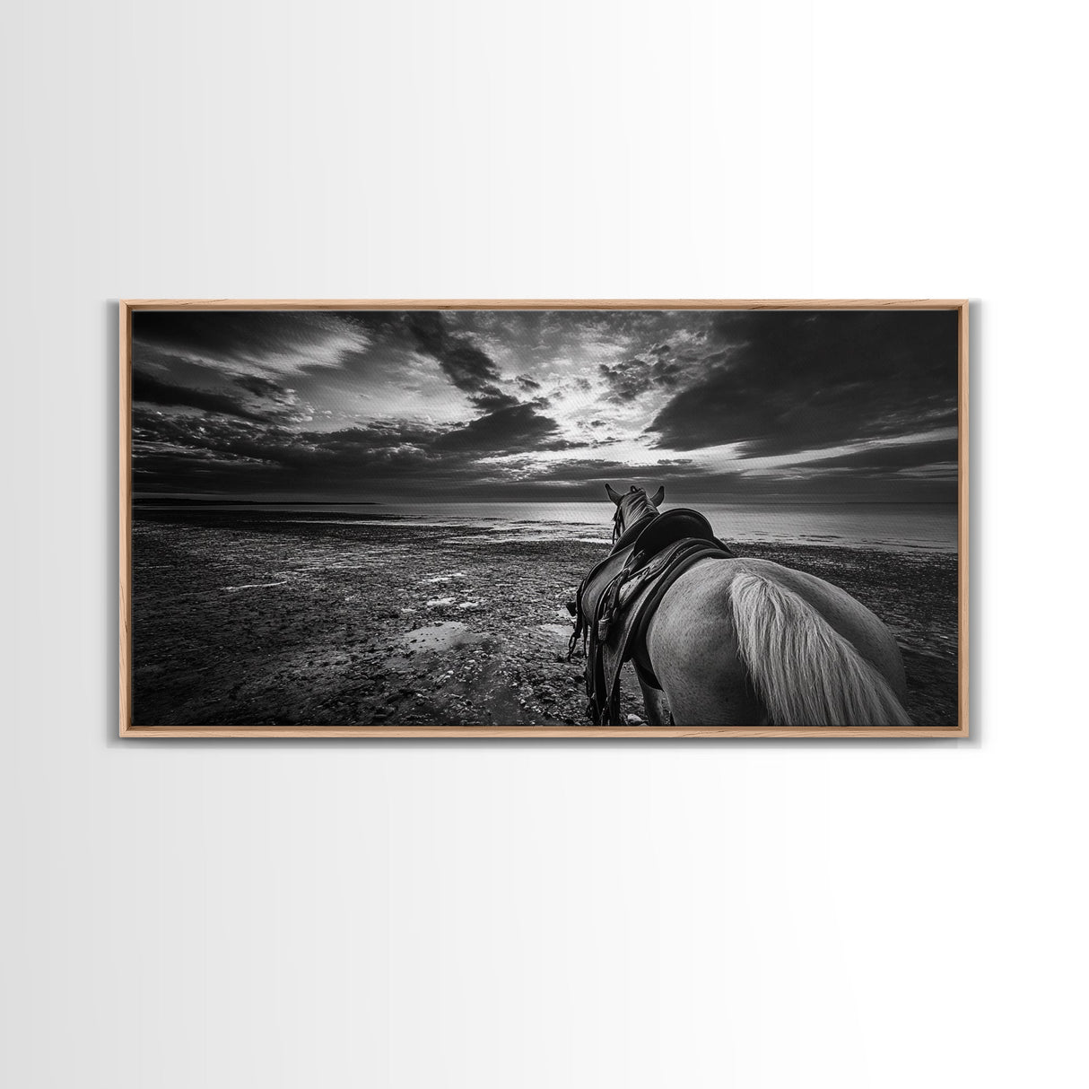 Horseback Beach, Sunset Ride, Equestrian Art, Moody Horizon Scene, Canvas Print, Cowboy Country Decor, Rustic Living Room Wall Art