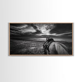 Horseback Beach, Sunset Ride, Equestrian Art, Moody Horizon Scene, Canvas Print, Cowboy Country Decor, Rustic Living Room Wall Art