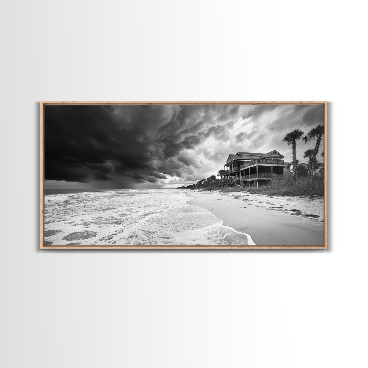 Stormy Beach House, Coastal Decor, Monochrome Photography, Beachfront Scene, Canvas Print, Moody Ocean Wall Art, Bedroom Coastal Wall Decor