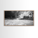 Stormy Beach House, Coastal Decor, Monochrome Photography, Beachfront Scene, Canvas Print, Moody Ocean Wall Art, Bedroom Coastal Wall Decor