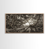 Enchanted Forest Light, Tree Shadows, Nature Landscape, Framed Canvas Print, Rustic Wall Art, Entryway Woodland Decor, Boho Forest Print