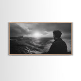 Man Watching Sea, Stormy Ocean View, Emotional Scene, Canvas Print, Moody Coastal Decor, Office Wall Art, Nautical Monochrome Style