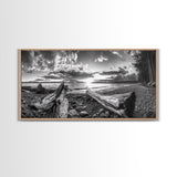 Driftwood Coastline, Rocky Beach Sunset, Nature Wall Art, Framed Canvas Print, Rustic Lake House Decor, Fall Coastal Aesthetic