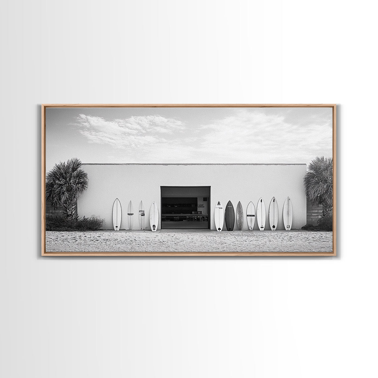Surfboards, Beach Garage, Modern Coastal, Ocean Style, Framed Canvas Print, surf shack decor, teen room wall art, minimalist beach art