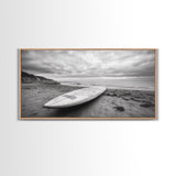 Surfboard, Coastal Shore, Serene Beach, Cloudy Sky, Framed Canvas Print, surfer room decor, rustic beach wall art, neutral home style