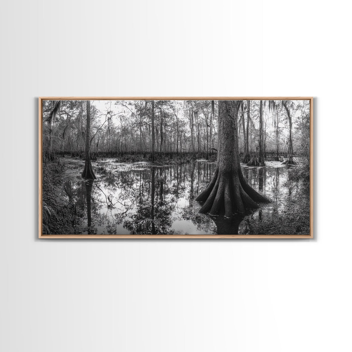 Swamp Trees, Cypress Water, Nature Reflections, Marsh Scene, Framed Canvas Print, rustic cabin decor, hallway wall art, forest wall print