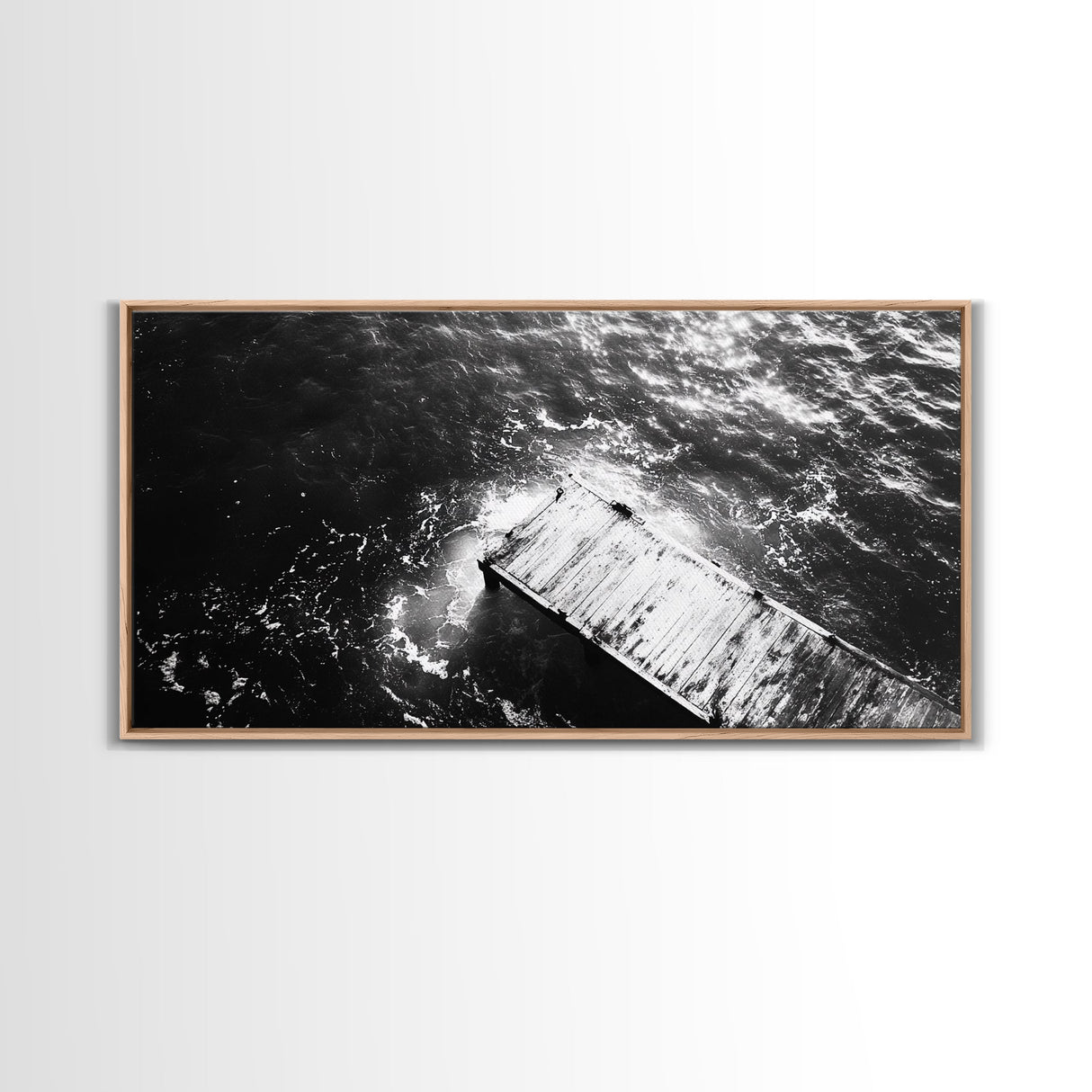 Weathered Dock, Water Reflections, Ocean Edge, Moody Texture, Framed Canvas Print, masculine office decor, minimalist lakehouse art