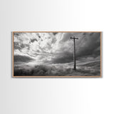 Power Pole, Rural Landscape, Stormy Sky, Country Calm, Framed Canvas Print, farmhouse entryway wall art, rustic black and white print