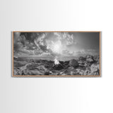 Coastal Campfire, Ocean Sunset, Rocky Shore, Bonfire Glow, Canvas Print, Nature Wall Art, Autumn Cabin Decor, Outdoor Retreat Style