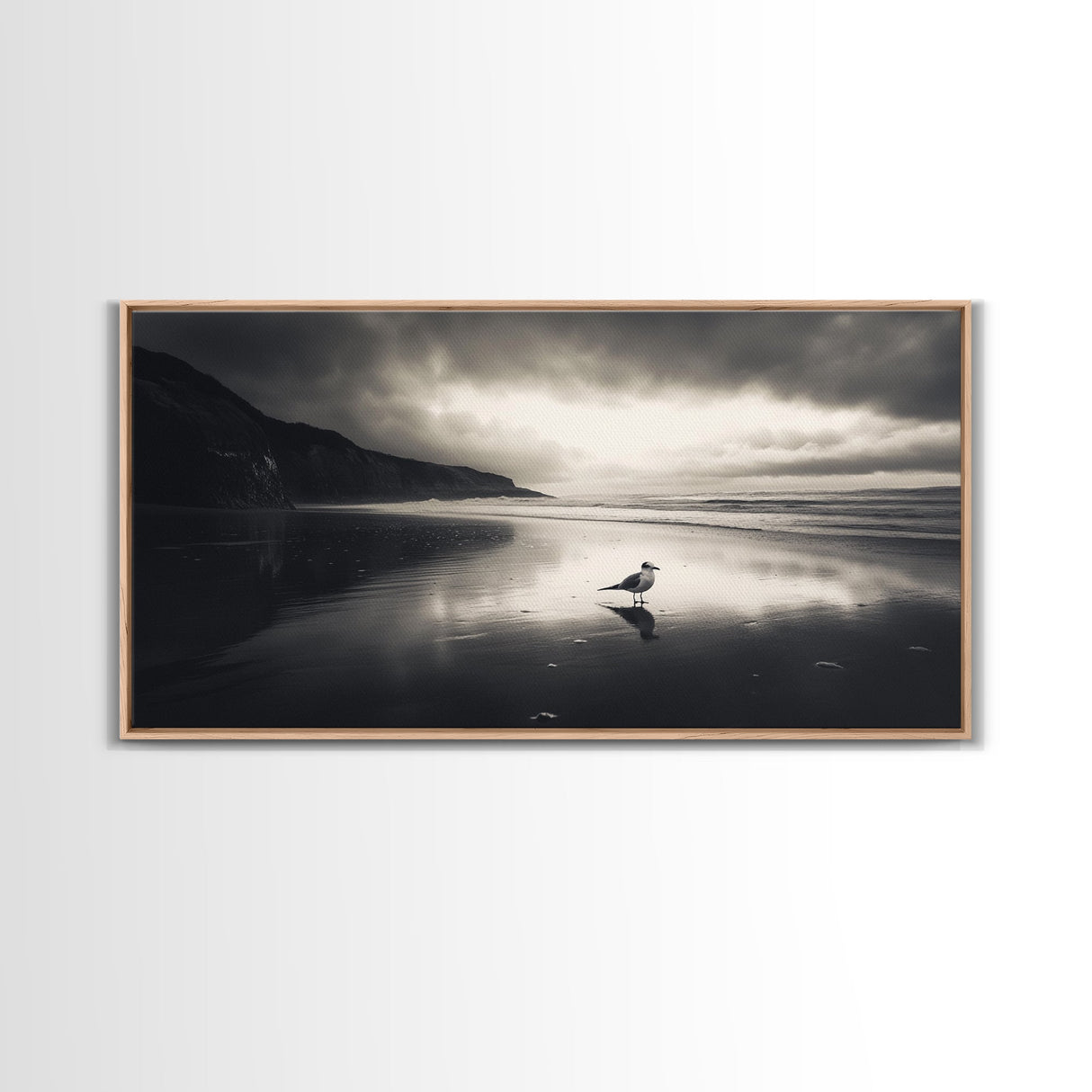 Seagull, Stormy Beach, Reflective Shore, Moody Sky, Framed Canvas Print, coastal bedroom decor, peaceful nature art, minimalist seascape