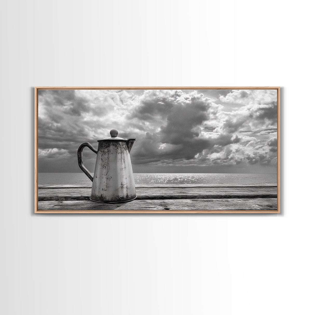 Seaside Coffee Pot, Oceanfront Still Life, Rustic Morning, Framed Canvas Print, Nautical Wall Art, Beach Kitchen Decor, Moody Nature Art