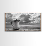 Seaside Coffee Pot, Oceanfront Still Life, Rustic Morning, Framed Canvas Print, Nautical Wall Art, Beach Kitchen Decor, Moody Nature Art