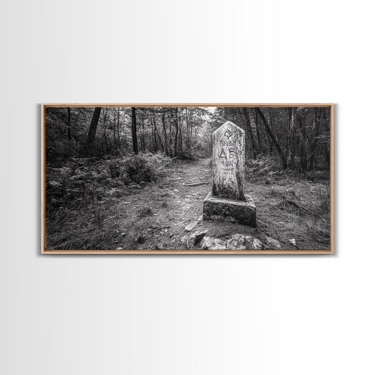 Forest Trail, Stone Marker, Ancient Symbol, Misty Pathway, Framed Canvas Print, cabin decor, woodland art, Autumn wall print, rustic charm