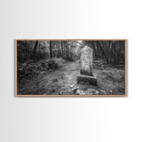 Forest Trail, Stone Marker, Ancient Symbol, Misty Pathway, Framed Canvas Print, cabin decor, woodland art, Autumn wall print, rustic charm