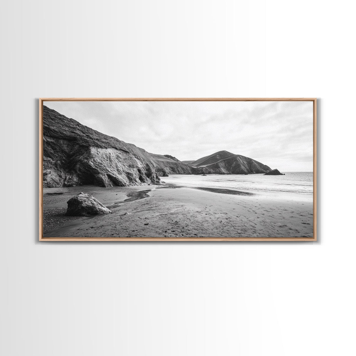 Coastal Cliffs, Ocean Shore, Scenic Beach, Framed Canvas Print, Nature Photography, Bathroom Wall Art, Neutral Tones, Coastal Home Decor
