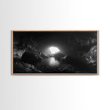 Sea Cave, Dark Ocean Cave, Natural Light Glow, Framed Canvas Print, Moody Nature Art, Living Room Wall Art, Monochrome Coastal Print