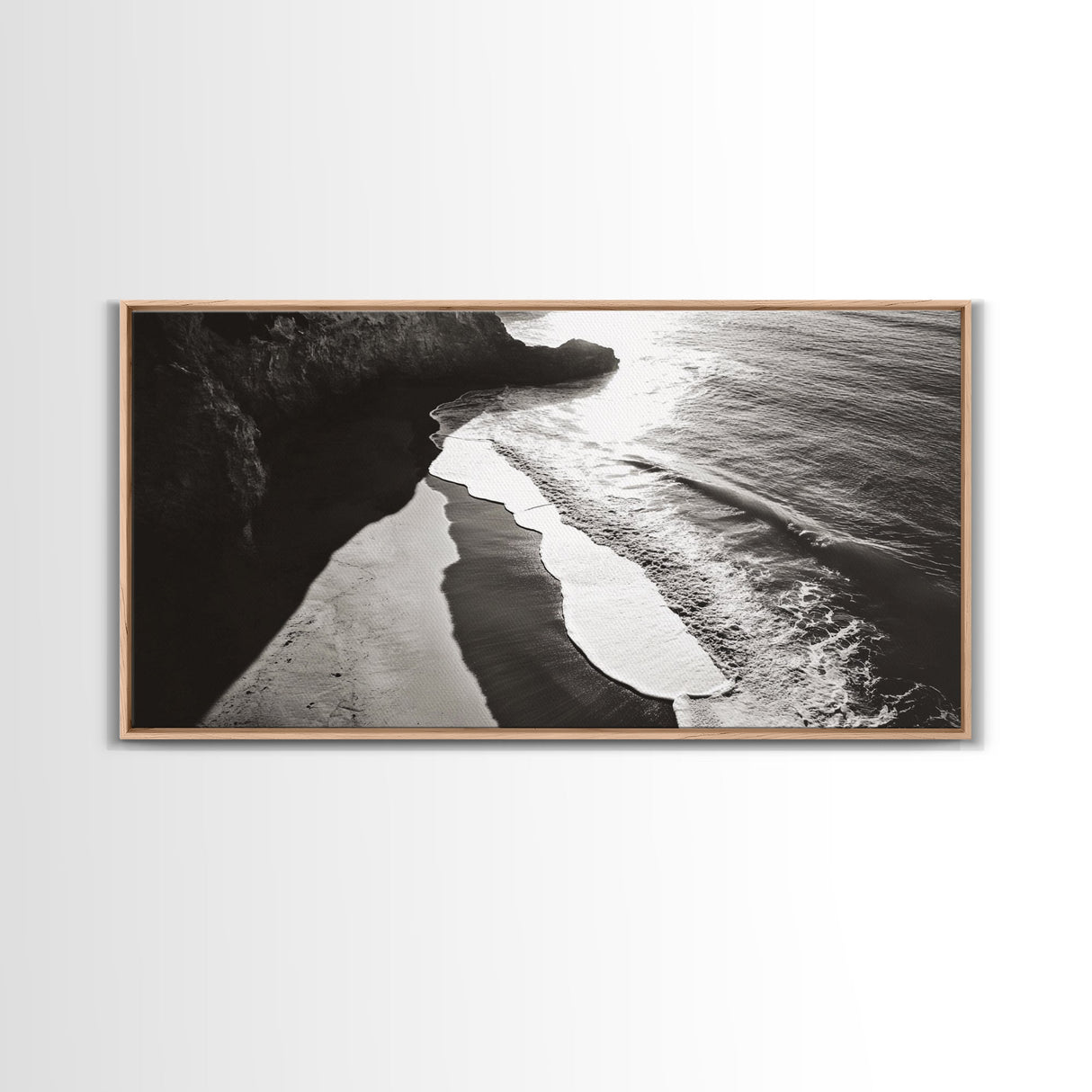 Shoreline Light, Coastal Waves, Cliff Shadow, Beach Edge, Framed Canvas Print, Ocean Minimalist Art, Bathroom Wall Decor