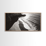 Shoreline Light, Coastal Waves, Cliff Shadow, Beach Edge, Framed Canvas Print, Ocean Minimalist Art, Bathroom Wall Decor
