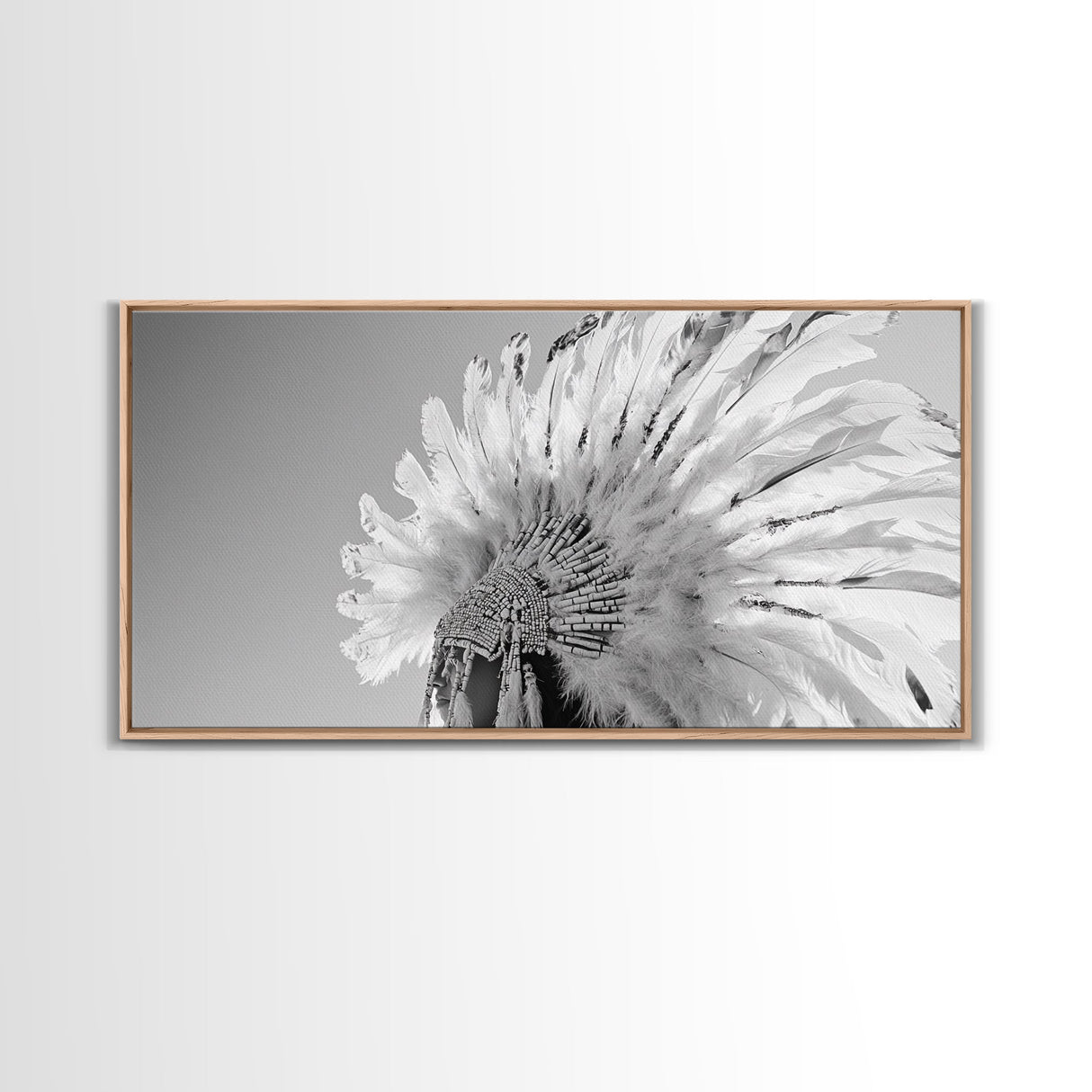 Native Headdress, Feather Crown, Cultural Tribute, Canvas Print, Boho Tribal Decor, Bedroom Wall Art, Monochrome Indigenous Style