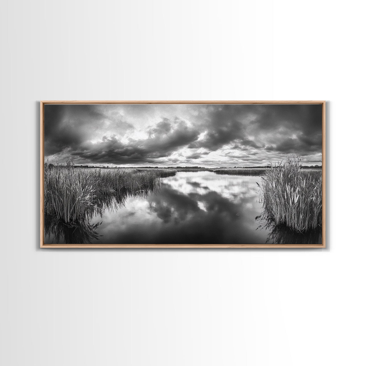 Stormy Marsh, Cloudy Sky, River Reflection, Framed Canvas Print, Nature Wall Art, Moody Landscape, Autumn Decor, Office Or Study Artwork