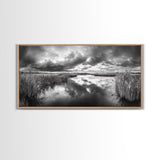 Stormy Marsh, Cloudy Sky, River Reflection, Framed Canvas Print, Nature Wall Art, Moody Landscape, Autumn Decor, Office Or Study Artwork