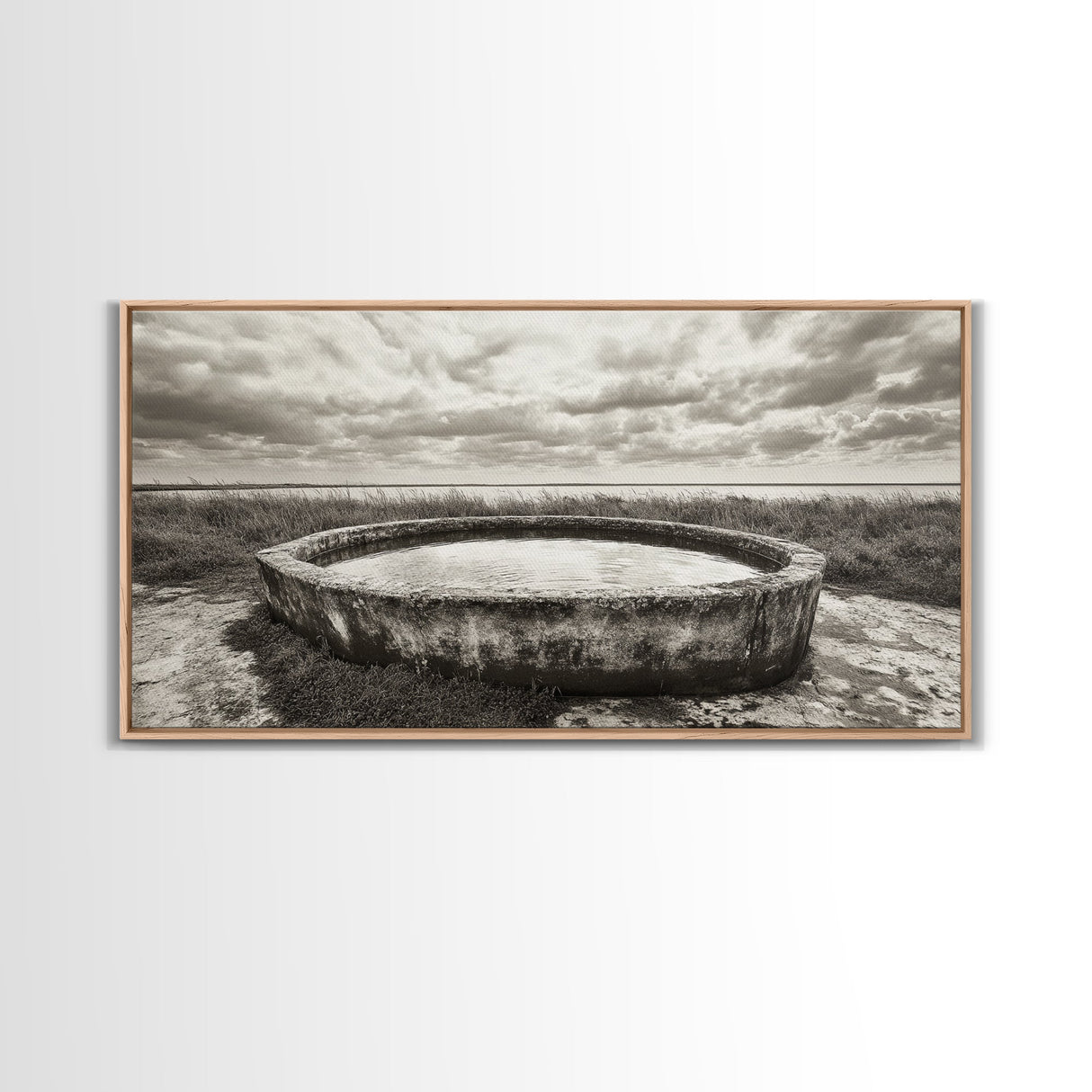 Water Trough, Overcast Skies, Ocean Breeze, Framed Canvas Print, Country Rustic Wall Art, Sepia Toned Fall Decor, Entryway Or Den Art