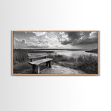 Lakeside Bench, Calm Waters, Sunset View, Canvas Print, Tranquil Nature Photography, Living Room Wall Art, Serene Outdoor Fall Landscape