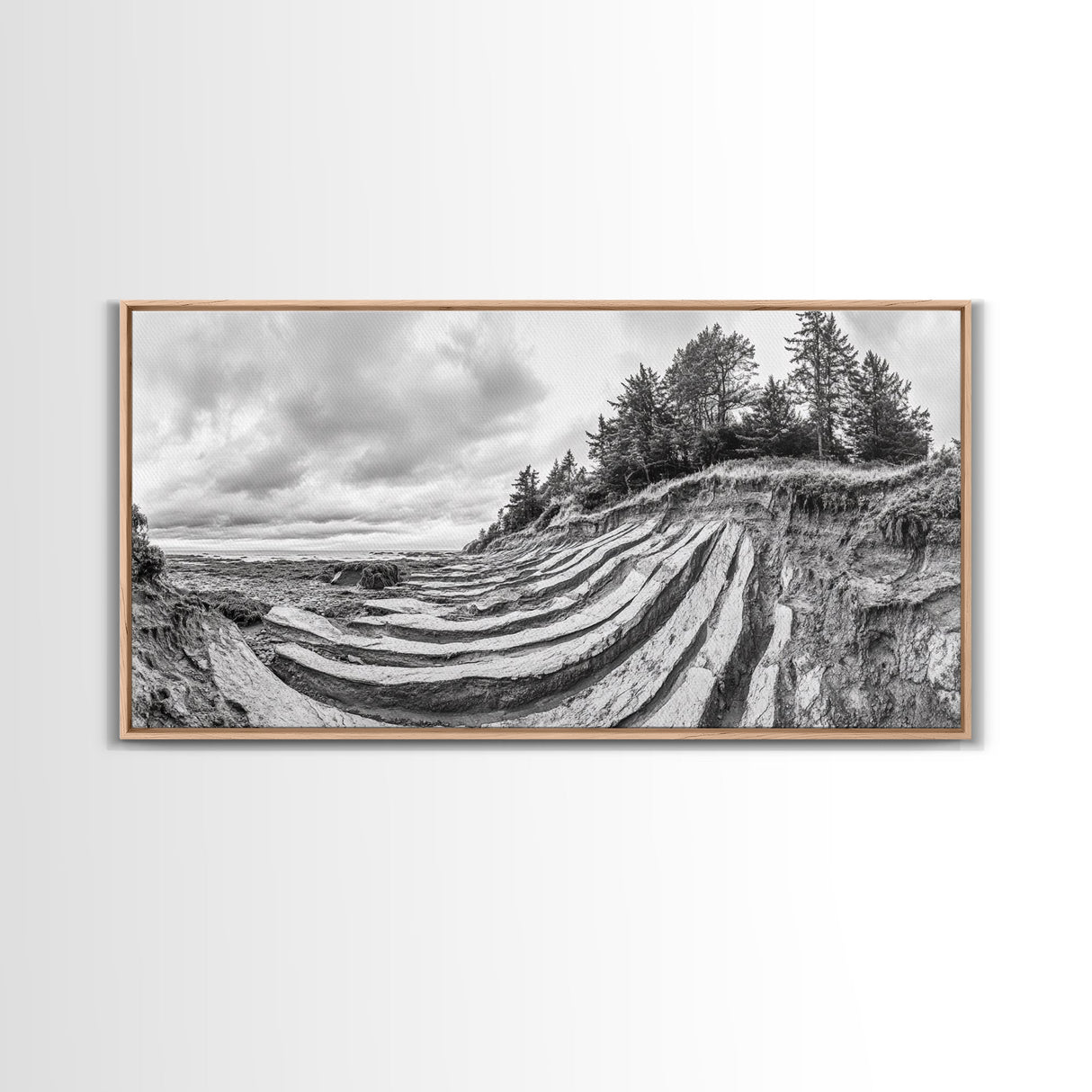 Striped Cliffs, Coastal Layers, Forest Edge, Earth Patterns, Framed Canvas Print, Nature Abstract Art, Bedroom Wall Decor