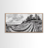 Striped Cliffs, Coastal Layers, Forest Edge, Earth Patterns, Framed Canvas Print, Nature Abstract Art, Bedroom Wall Decor
