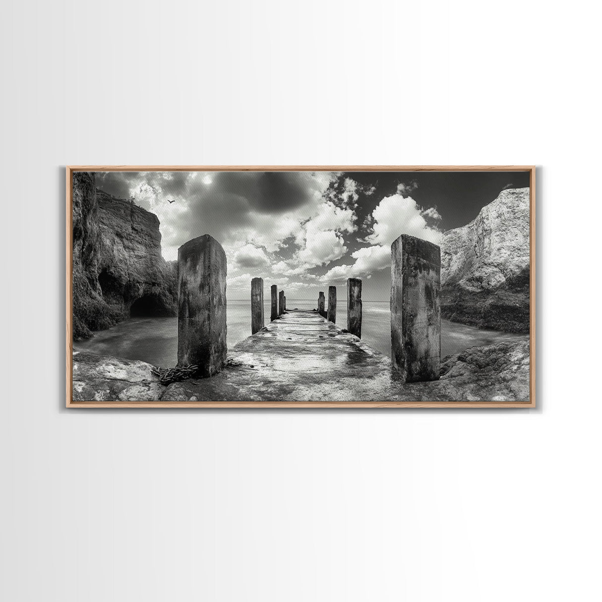 Ocean Pier, Seaside Dock, Crashing Waves, Canvas Print, Dramatic Coastal Wall Art, Black And White Decor, Bathroom Or Hallway Photography
