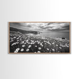 Coastal Flower Field, Ocean Meadow Scene, Seaside Wildflower Landscape, Serene Botanical Print, Living Room Art, Canvas Print
