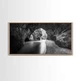 Ocean Cave Flow, Coastal Rock Wall Art, Moody Nature Seascape, Black White Beach Decor, Boho Bathroom Accent, Canvas Print, Monochrome Art