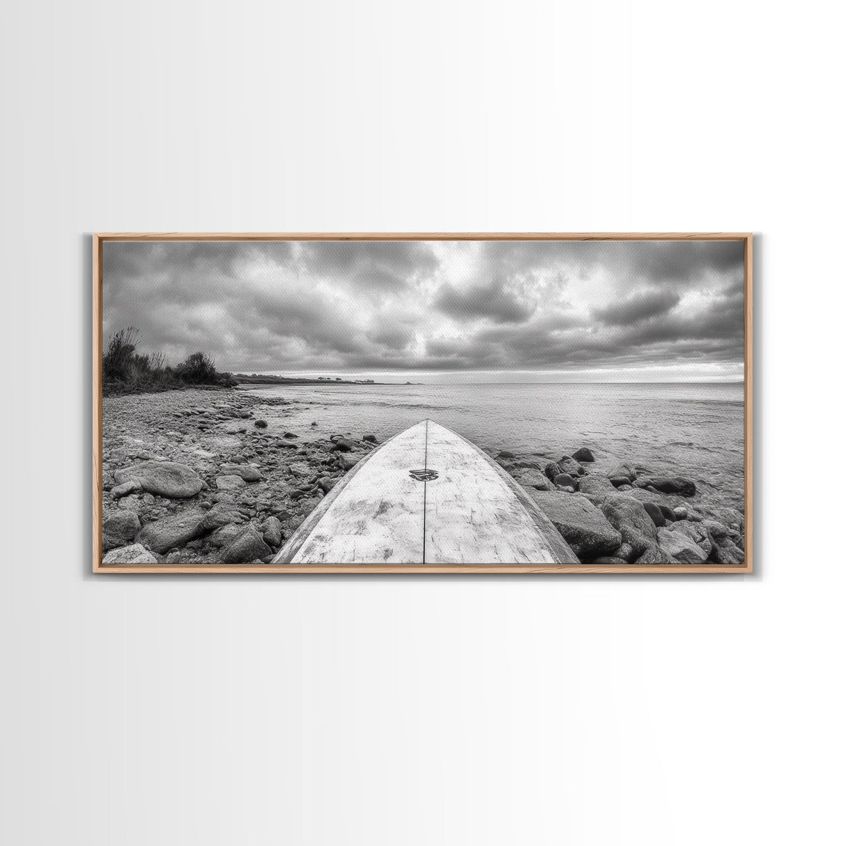 Surfboard, Rocky Shore, Cloudy Sea, Coastal Adventure, Beach Aesthetic, Canvas Print, Minimalist Ocean Art, Nautical Wall Decor, Bathroom Wall Art