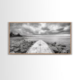 Surfboard, Rocky Shore, Cloudy Sea, Coastal Adventure, Beach Aesthetic, Canvas Print, Minimalist Ocean Art, Nautical Wall Decor, Bathroom Wall Art