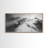 Snowy Peak, Windy Mountain, Winter Landscape, Framed Canvas Print, Black and White Art, Cabin Wall Decor, Moody Alpine Art, Rustic Wall Art