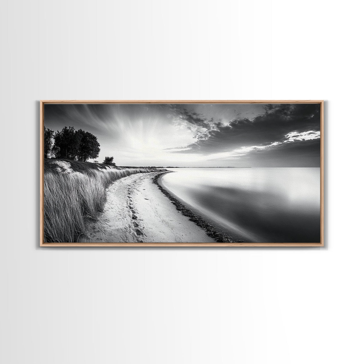 Calm Beach, Grassy Dunes, Serene Shoreline, Peaceful Water, Framed Canvas Print, Minimalist Art, Bedroom Wall Decor, Coastal Calm
