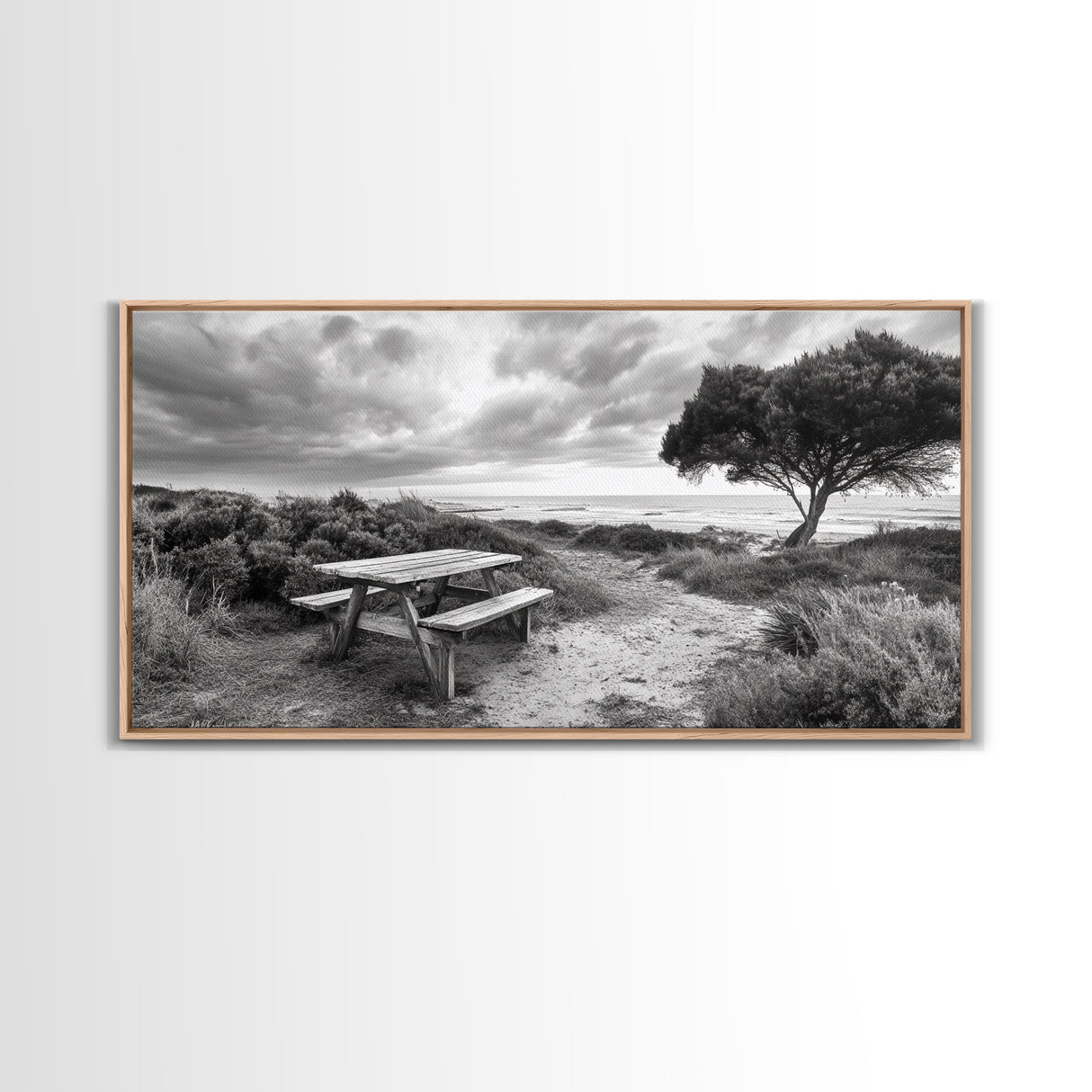 Picnic Table, Ocean Tree, Coastal Path, Windswept Scene, Framed Canvas Print, Rustic Wall Art, Fall Decor, Peaceful Beach Setting
