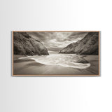 Secluded Beach Cove, Coastal Seascape, Sepia Landscape Art, Framed Canvas Print, Bathroom or Bedroom Wall Decor, Nature Inspired