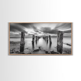 Ocean Pilings, Calm Waters, Cloud Streaks, Sunset Mood, Canvas Print, Minimalist Seascape, Bedroom Wall Art, Serene Beach Decor