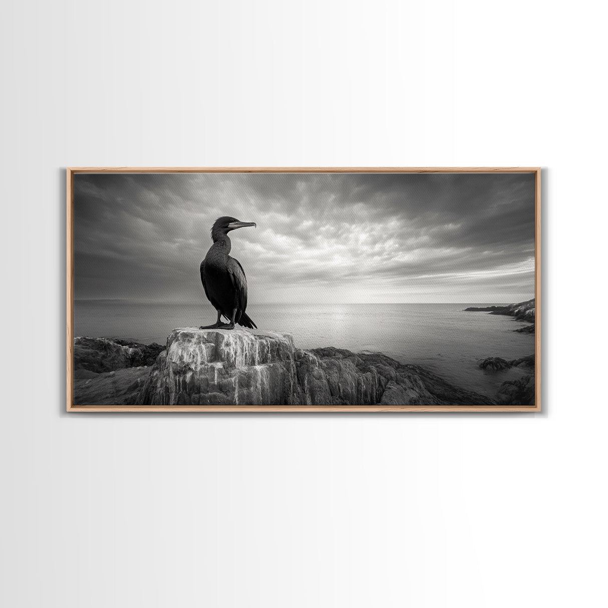 Sea Bird, Rocky Shore, Stormy Horizon, Coastal Watcher, Canvas Print, Nature Photography Art, Bedroom Decor, Ocean Wildlife