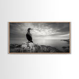 Sea Bird, Rocky Shore, Stormy Horizon, Coastal Watcher, Canvas Print, Nature Photography Art, Bedroom Decor, Ocean Wildlife