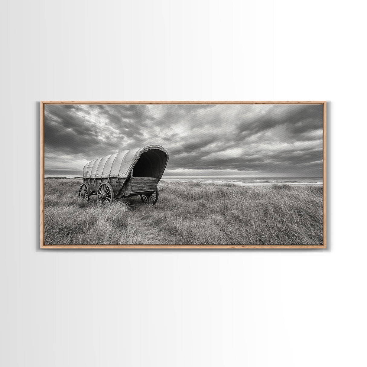 Prairie Wagon, Coastal Grass, Covered Cart, Western Landscape, Framed Canvas Print, Rustic Fall Art, Living Room Wall Decor