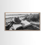 Open Book, Cowboy Hat, Driftwood Beach, Peaceful Shore, Canvas Print, Western Boho Art, Reading Nook Wall Decor, Fall Vibes, Office Wall Decor