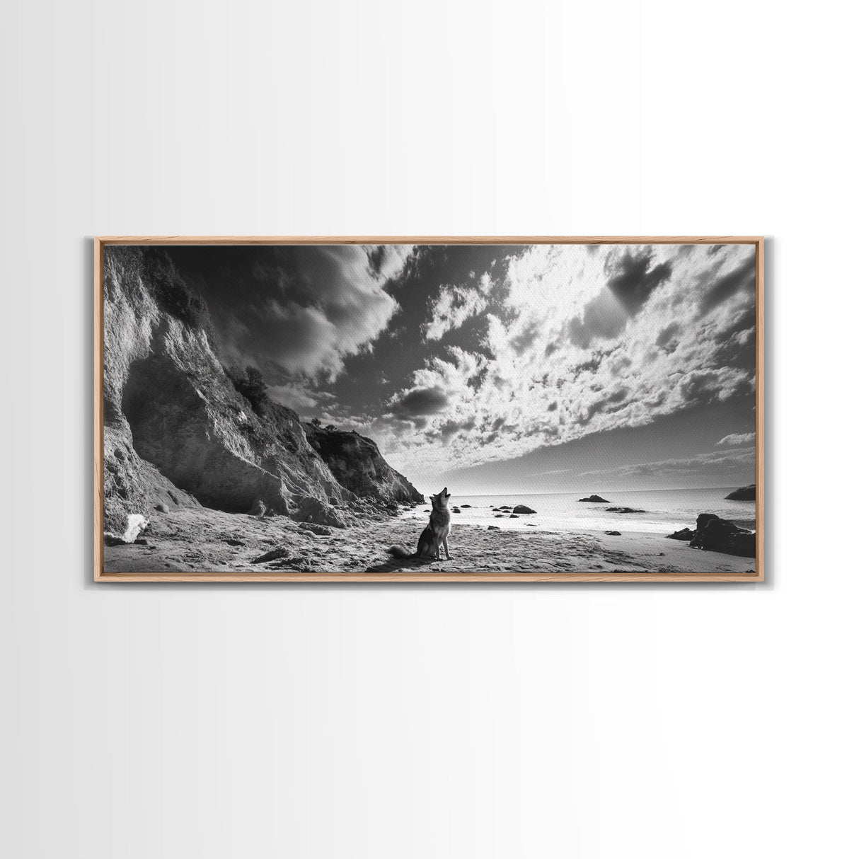 Howling Dog, Seaside Cliffs, Cloudy Sky, Wild Beach, Canvas Print, Nature Animal Art, Rustic Fall Wall Decor, Entryway Accent, Bedroom Wall Art