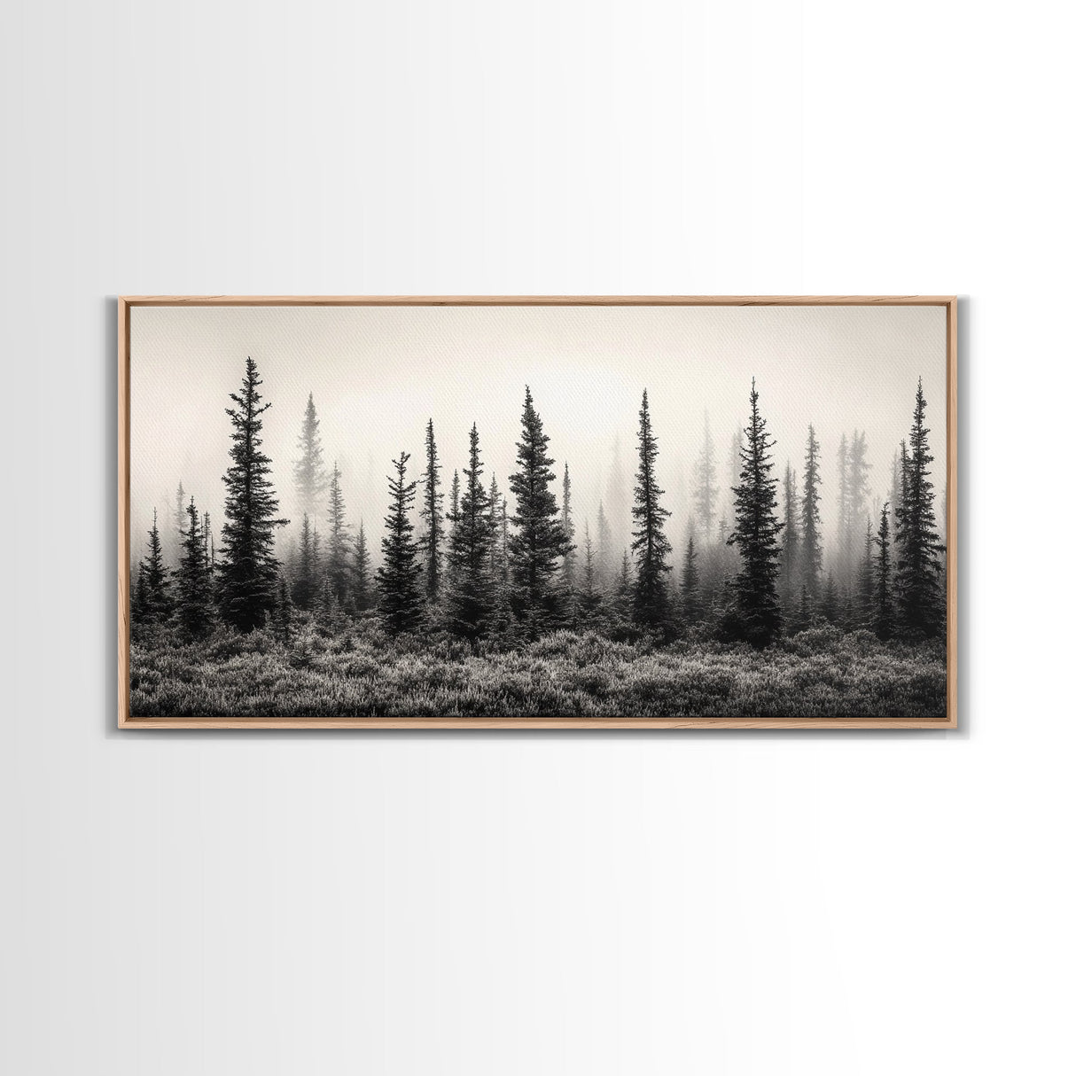 Misty Pines, Evergreen Forest, Morning Fog, Monochrome Nature, Canvas Print, Fall Entryway Wall Art, Woodland Boho Home Decor