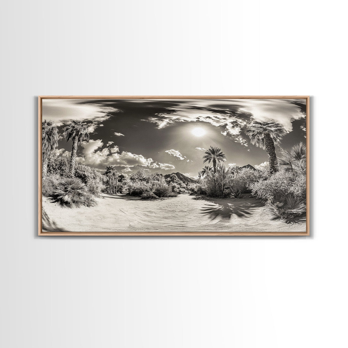 Desert Oasis, Palm Landscape, Nature Panorama, Framed Canvas Print, Tropical Wall Art, Living Room Decor, Boho Aesthetic, Sunlit Scene