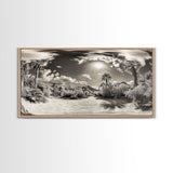 Desert Oasis, Palm Landscape, Nature Panorama, Framed Canvas Print, Tropical Wall Art, Living Room Decor, Boho Aesthetic, Sunlit Scene