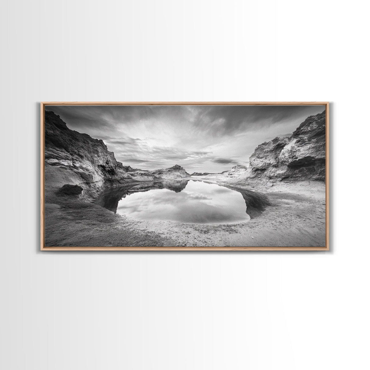 Mirror Lake, Rocky Terrain, Tranquil Waters, Framed Canvas Print, Meditation Room Art, Nature Reflection, Earthy Tones, Spa Decor
