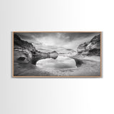 Mirror Lake, Rocky Terrain, Tranquil Waters, Framed Canvas Print, Meditation Room Art, Nature Reflection, Earthy Tones, Spa Decor