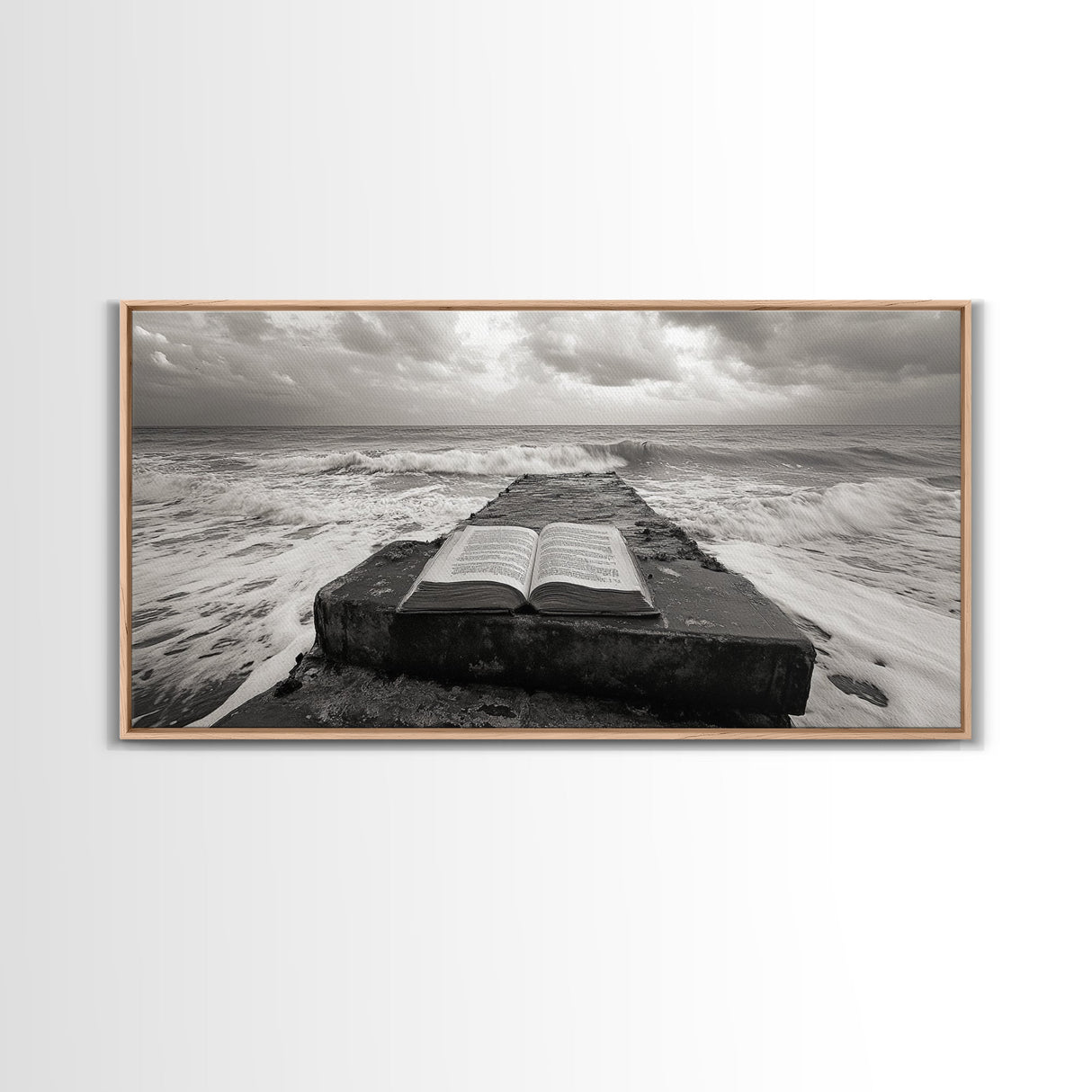 Ocean and Book, Moody Literary Print, Surreal Seascape Art, Framed Canvas Print, Library or Reading Nook Wall Decor, Dark Academia